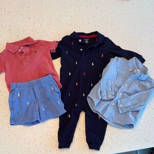 Ralph Lauren lot- button down shirt, romper, and polo short set sz 12mo